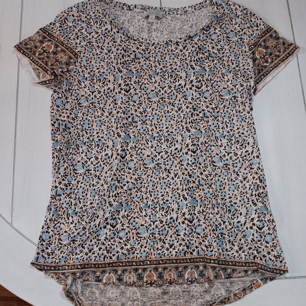 Lucky Brand Blue and Brown Floral Short Sleeve Tee